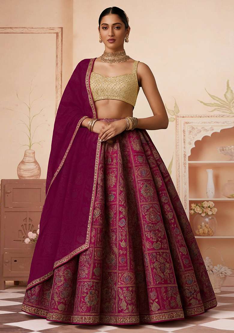 Magenta Pink Jacquard Brocade Lehenga Set - Indya