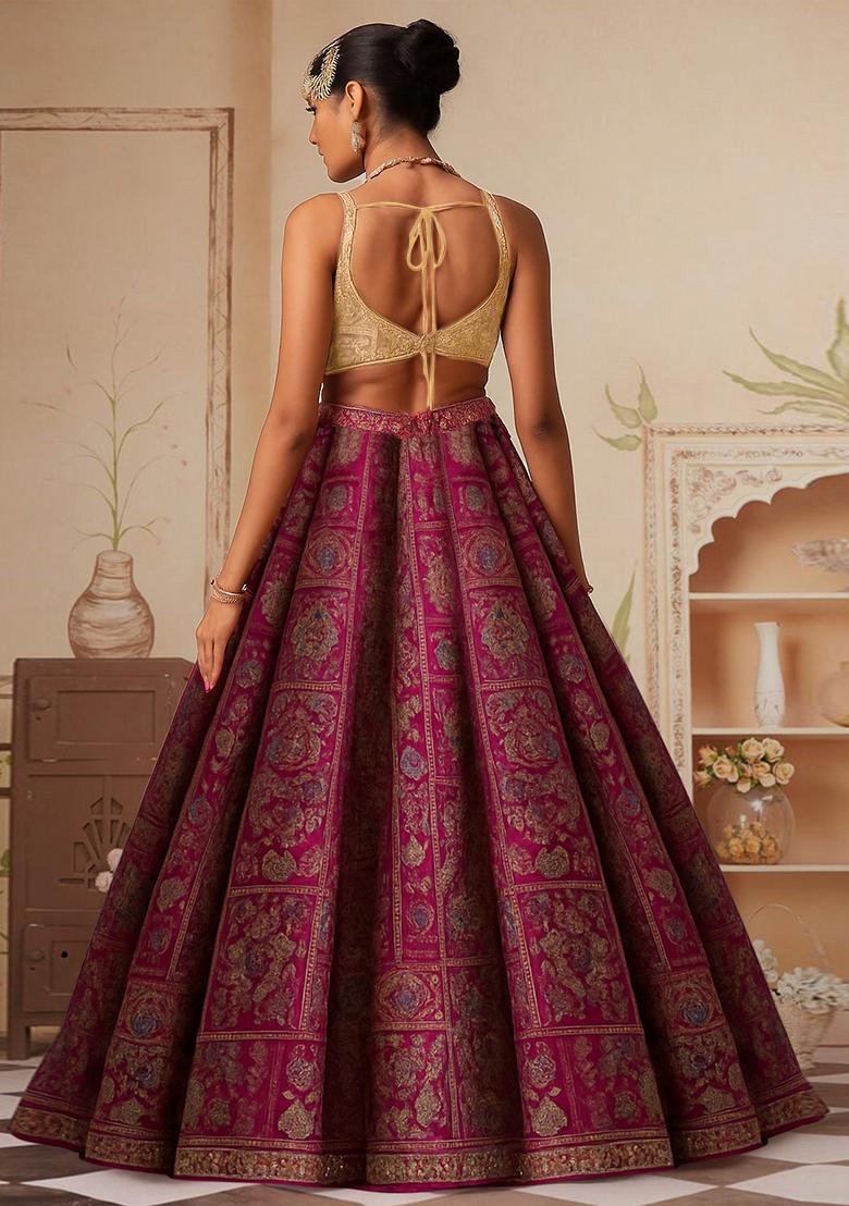Magenta Pink Jacquard Brocade Lehenga Set - Indya