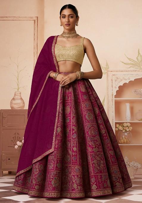 Magenta Pink Jacquard Brocade Lehenga Set