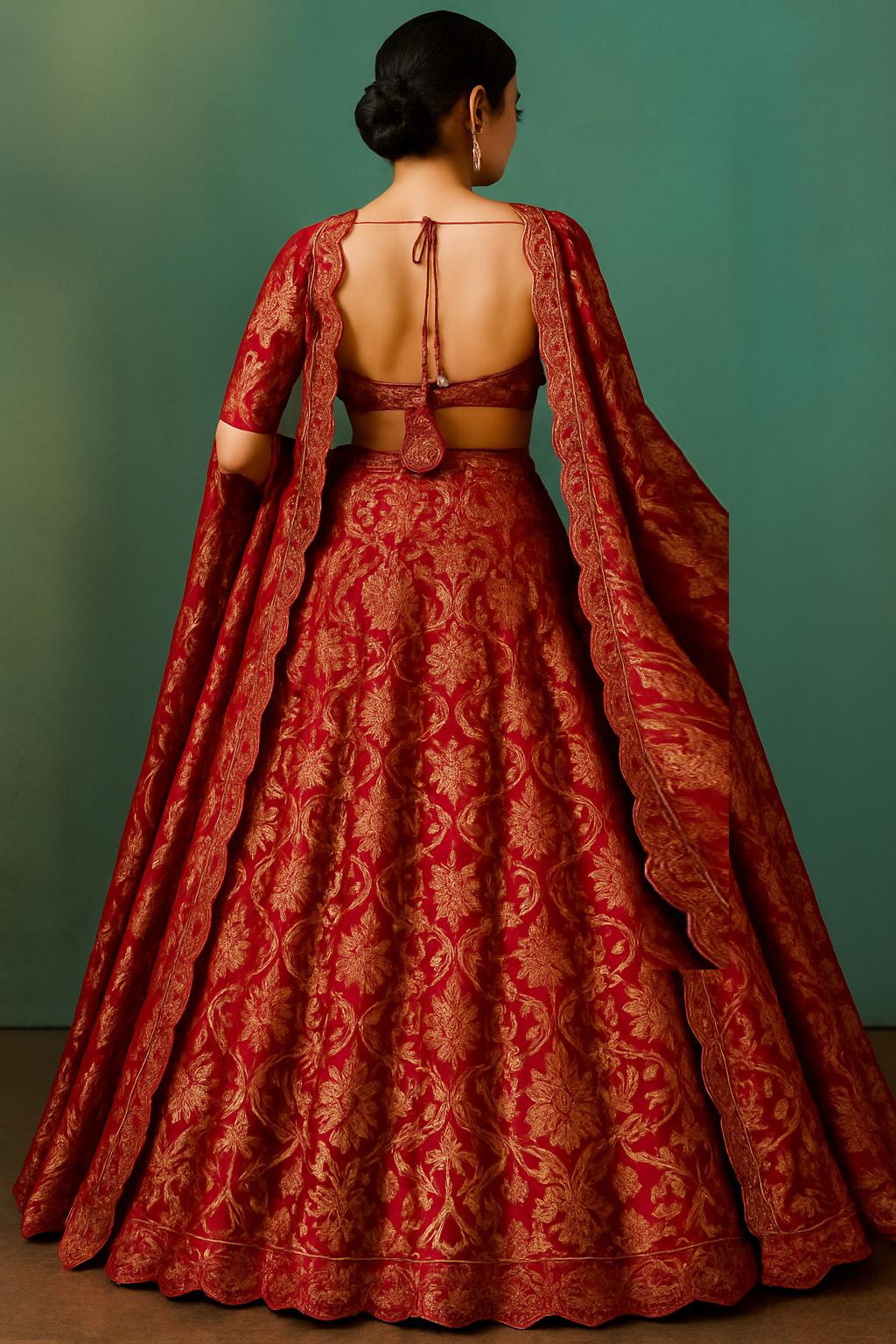Rust Jacquard Brocade Lehenga Set - Indya