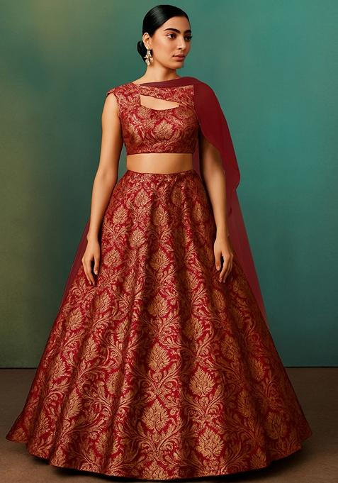 Rust Jacquard Brocade Lehenga Set
