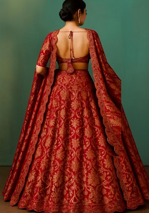 Rust Jacquard Brocade Lehenga Set
