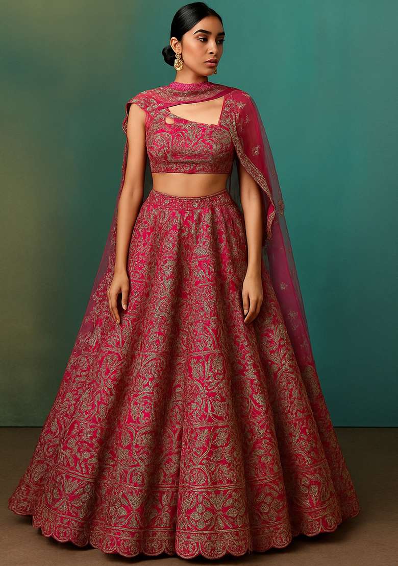 Magenta Pink Jacquard Brocade Lehenga Set - Indya