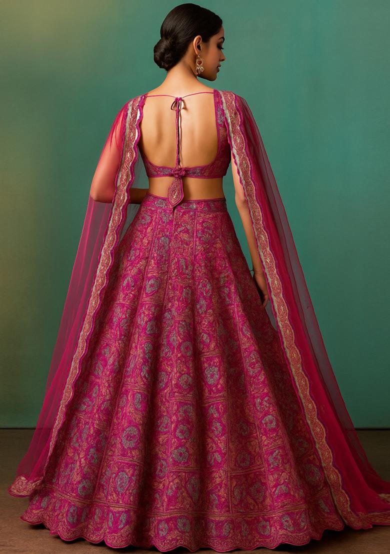 Magenta Pink Jacquard Brocade Lehenga Set - Indya