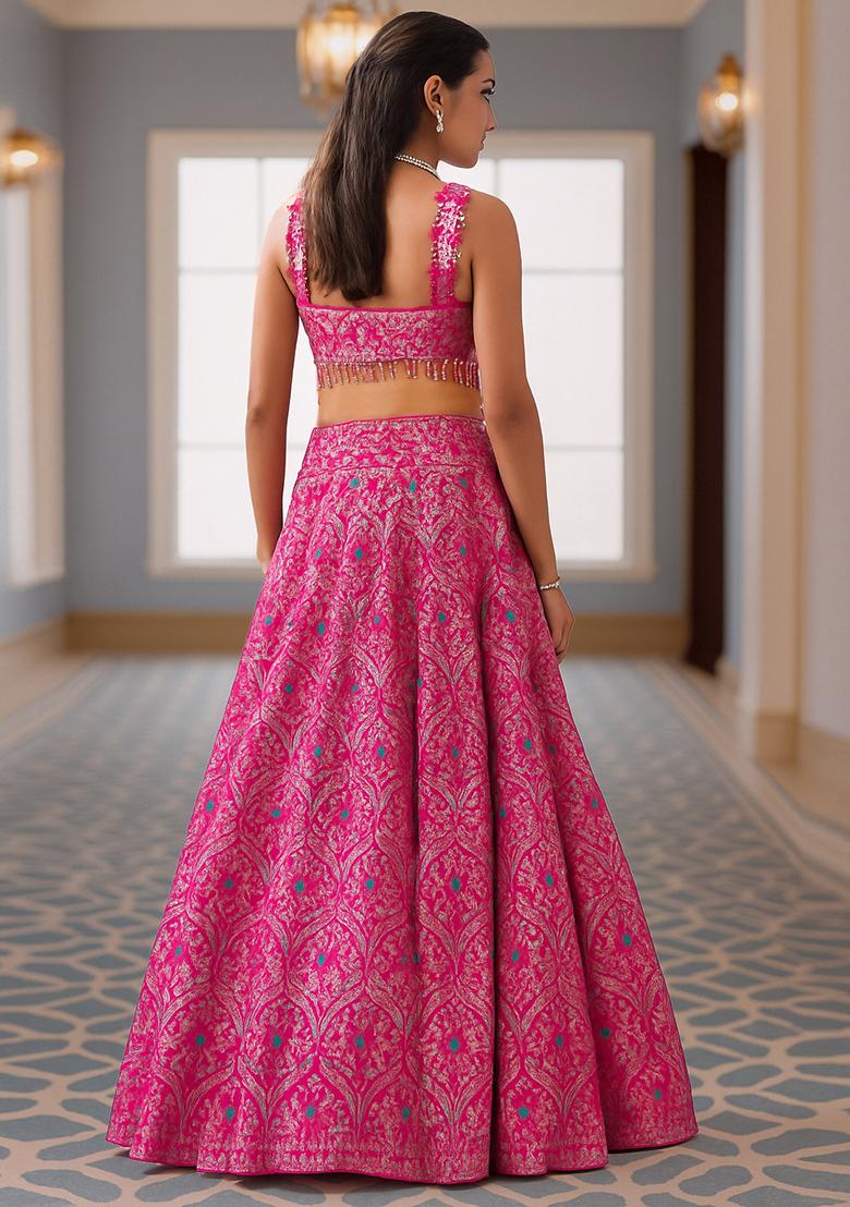 Fusion Pink Jacquard Brocade Lehenga Set - Indya