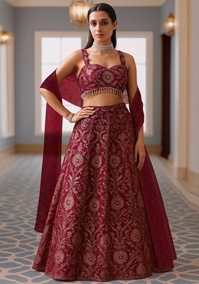 Maroon Jacquard Brocade Lehenga Set