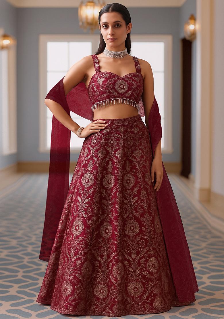 Maroon Jacquard Brocade Lehenga Set - Indya