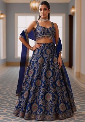 Navy Blue Jacquard Brocade Lehenga Set