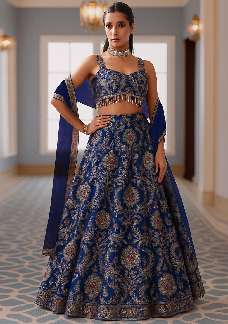Navy Blue Jacquard Brocade Lehenga Set - Indya
