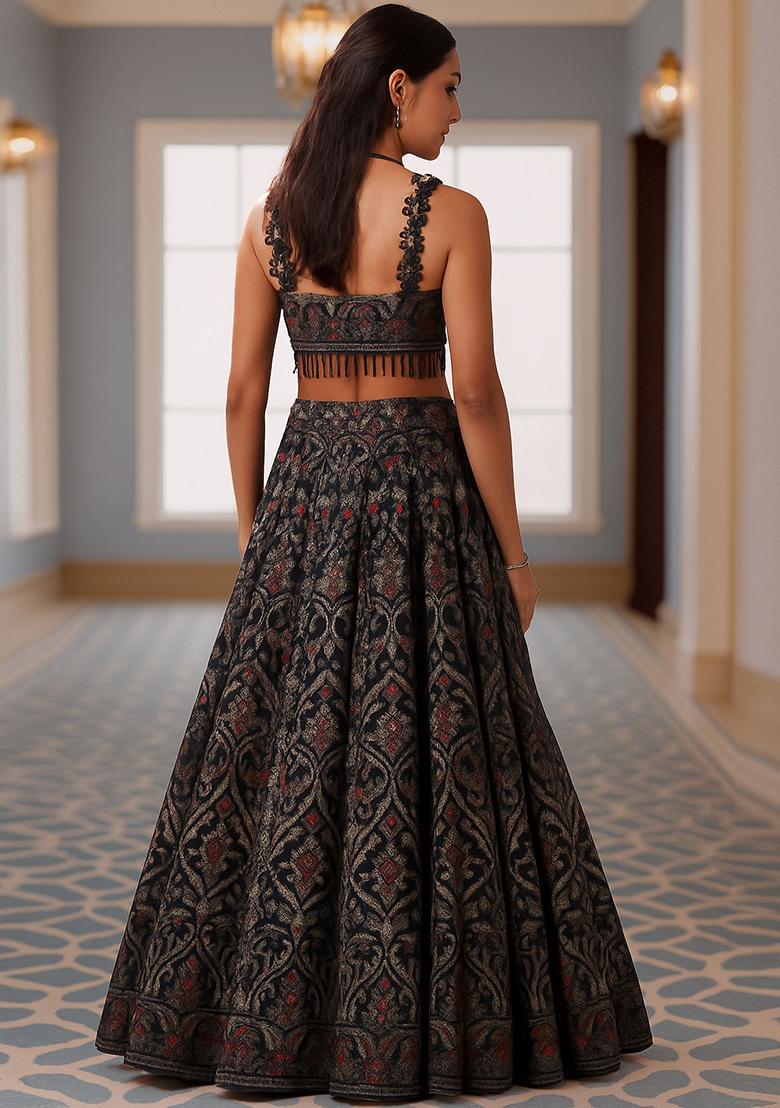 Black Jacquard Brocade Lehenga Set - Indya