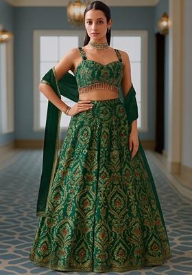 Green Jacquard Brocade Lehenga Set