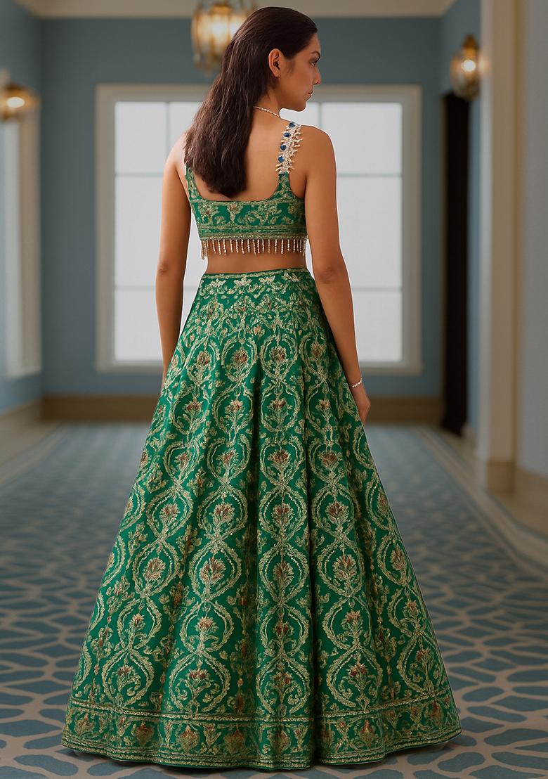 Green Jacquard Brocade Lehenga Set - Indya