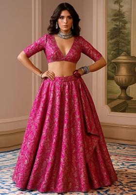 Fusion Pink Jacquard Brocade Lehenga Set