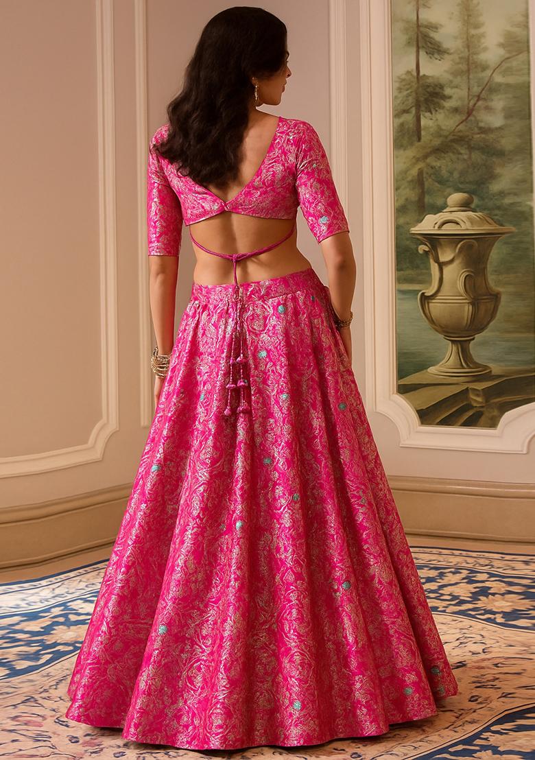 Fusion Pink Jacquard Brocade Lehenga Set - Indya