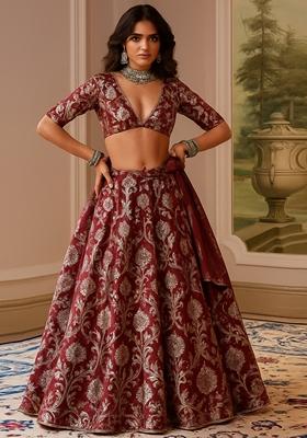 Maroon Jacquard Brocade Lehenga Set
