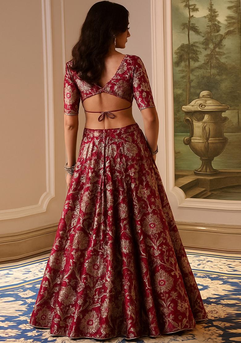 Maroon Jacquard Brocade Lehenga Set - Indya