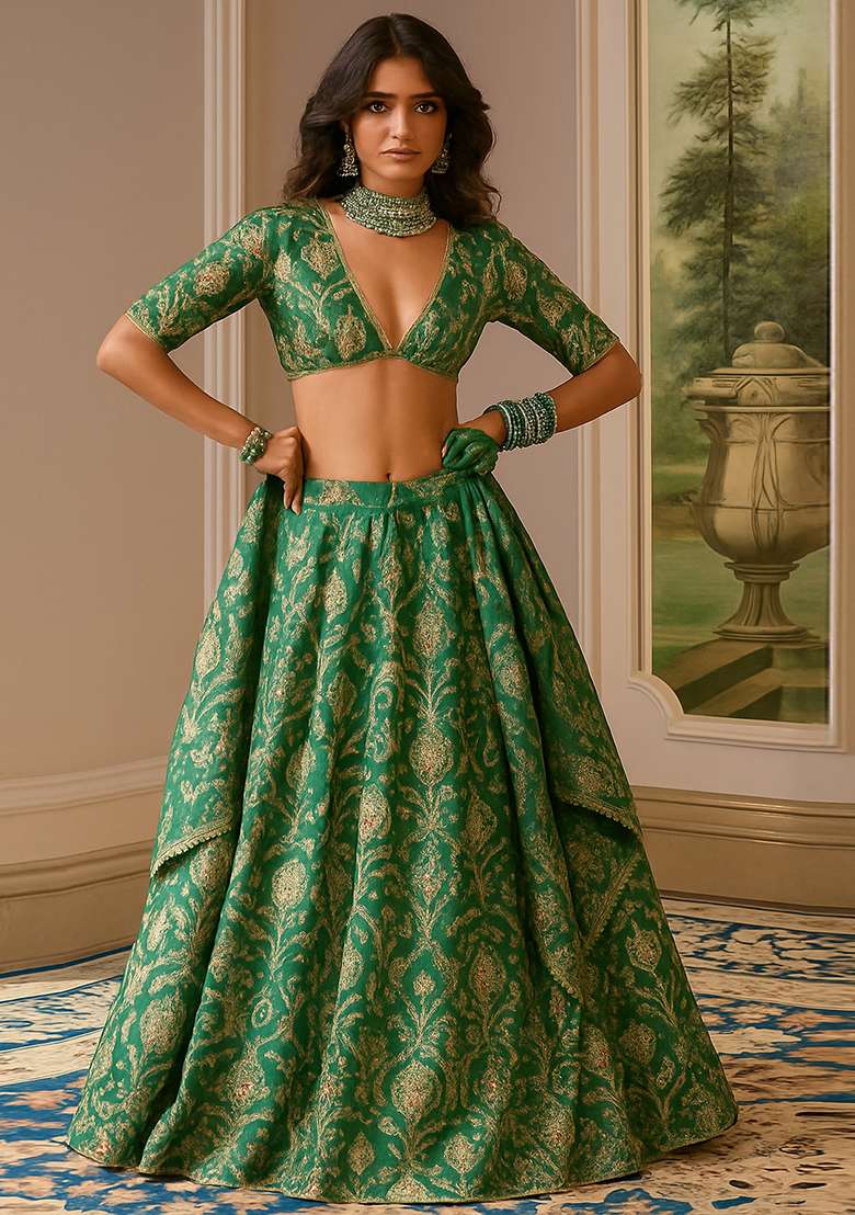Green Jacquard Brocade Lehenga Set - Indya