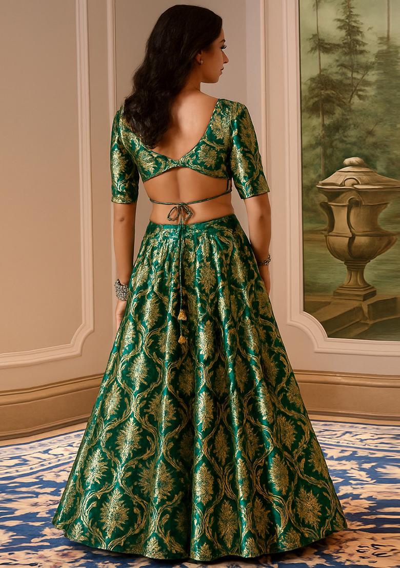 Green Jacquard Brocade Lehenga Set - Indya