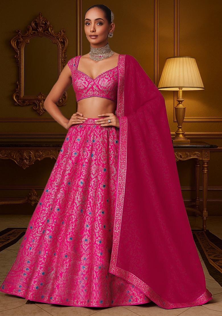 Fusion Pink Jacquard Brocade Lehenga Set - Indya