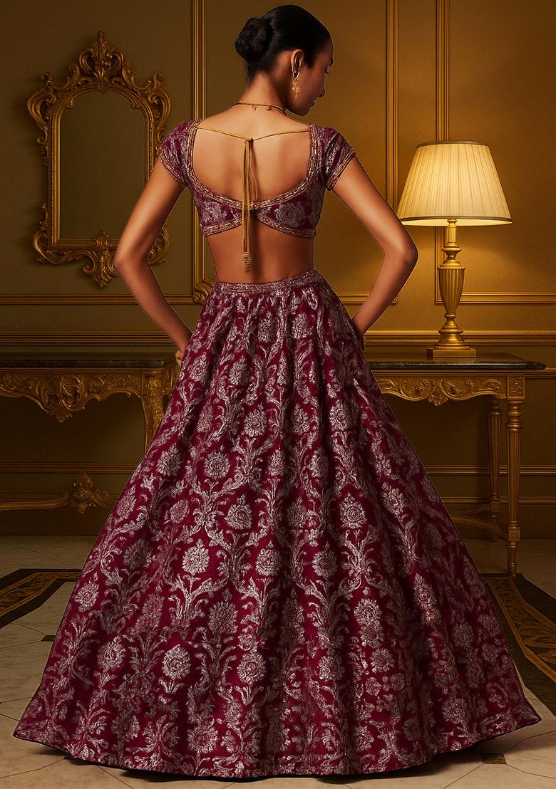Maroon Jacquard Brocade Lehenga Set - Indya