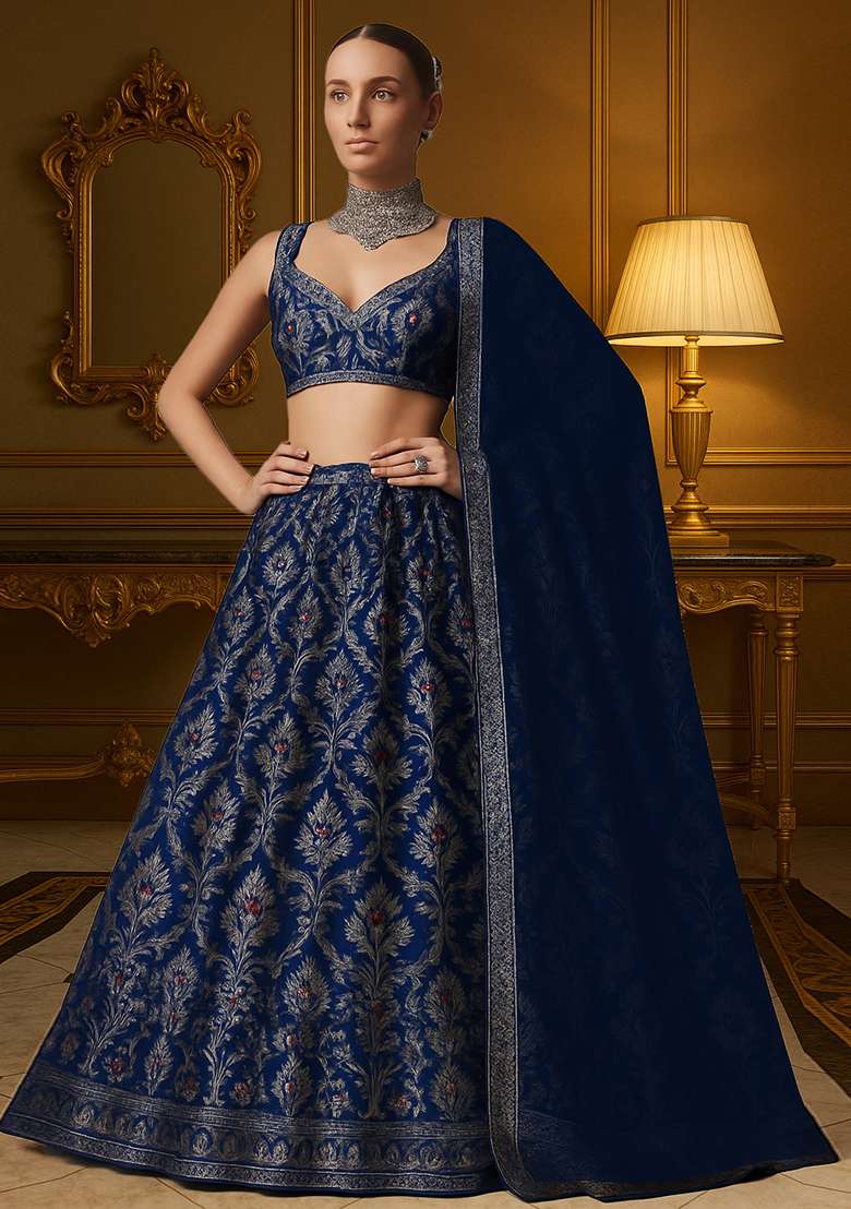 Navy Blue Jacquard Brocade Lehenga Set - Indya