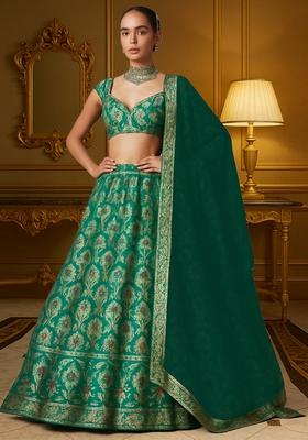 Bottle Green Jacquard Brocade Lehenga Set