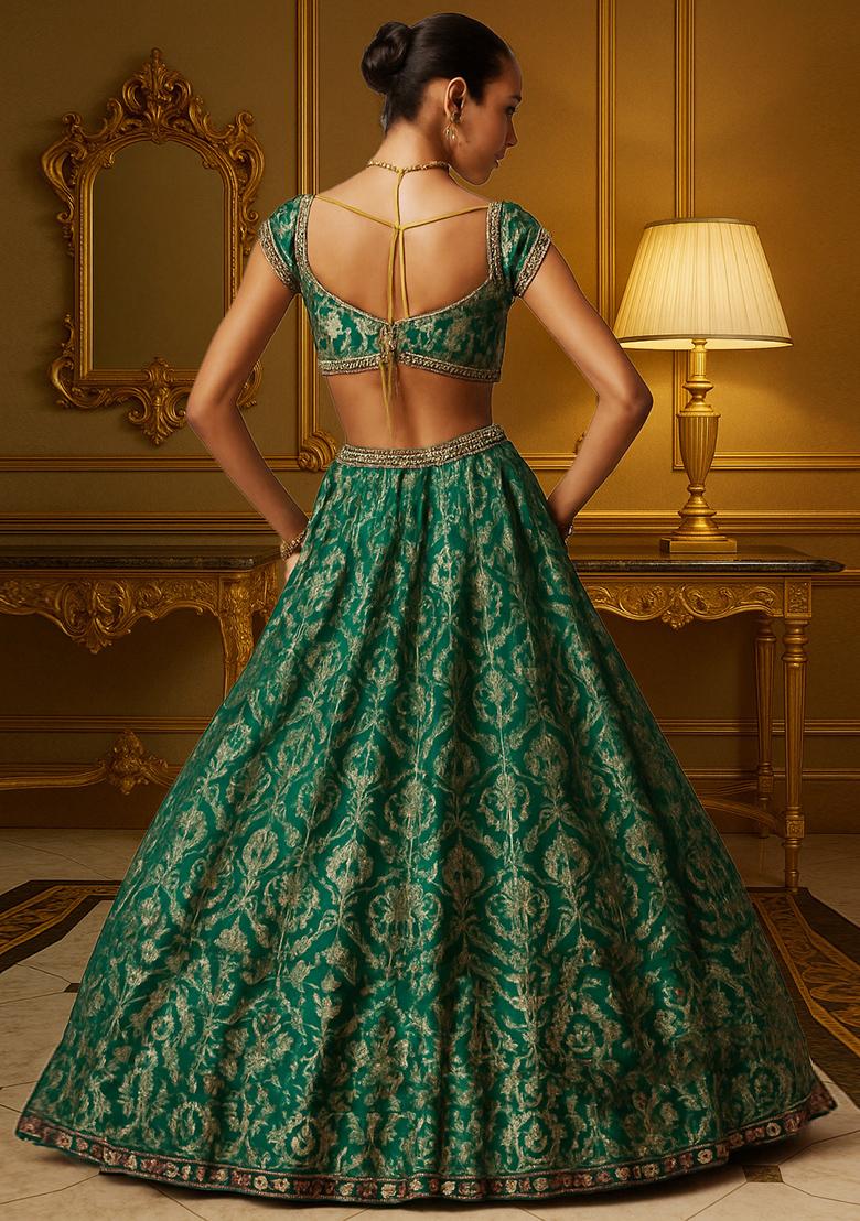 Bottle Green Jacquard Brocade Lehenga Set