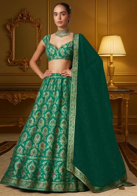 Bottle Green Jacquard Brocade Lehenga Set