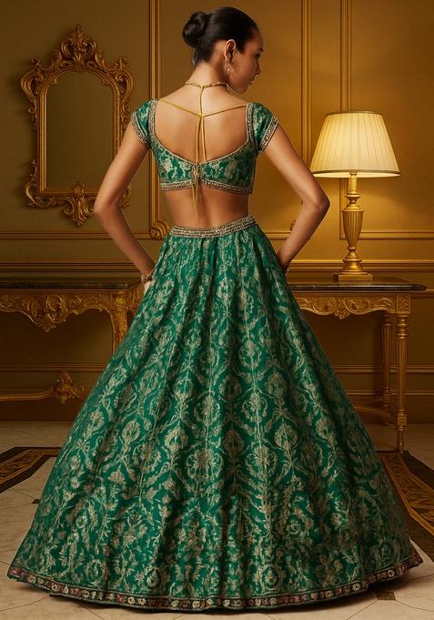 Bottle Green Jacquard Brocade Lehenga Set