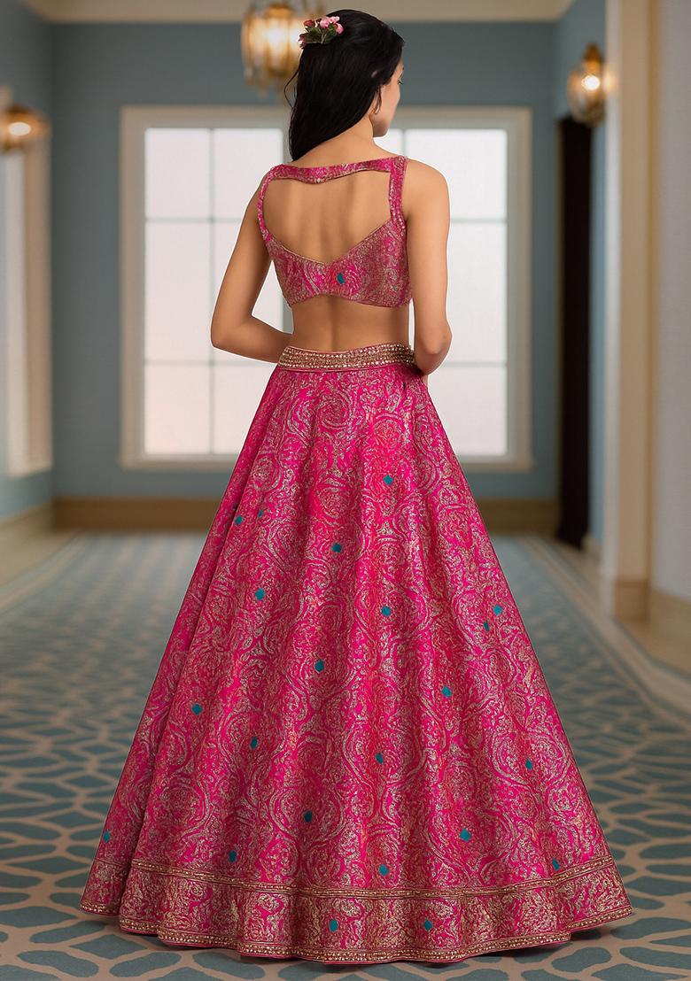 Fusion Pink Jacquard Brocade Lehenga Set - Indya