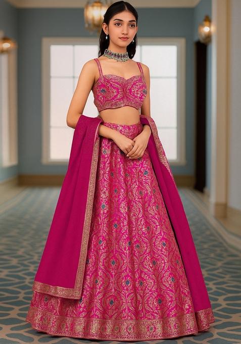 Fusion Pink Jacquard Brocade Lehenga Set