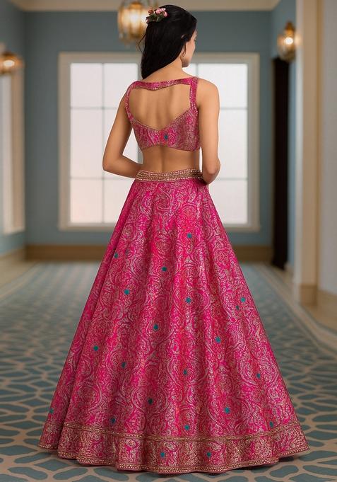 Fusion Pink Jacquard Brocade Lehenga Set
