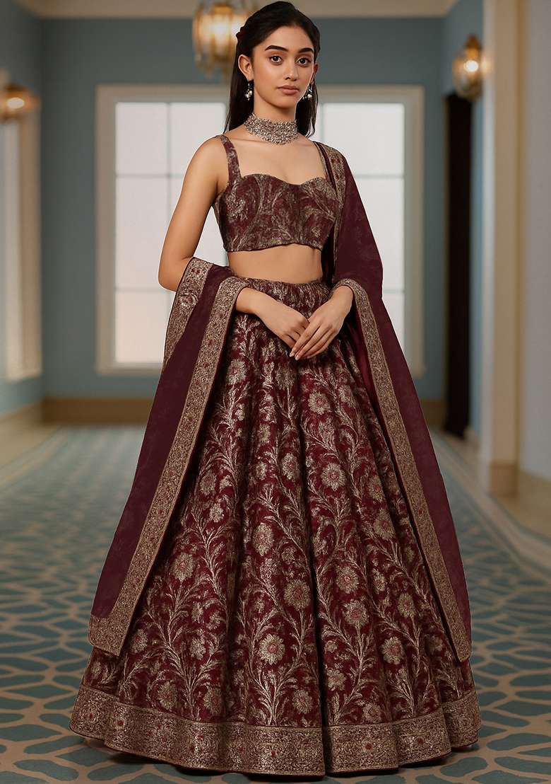 Maroon Jacquard Brocade Lehenga Set - Indya
