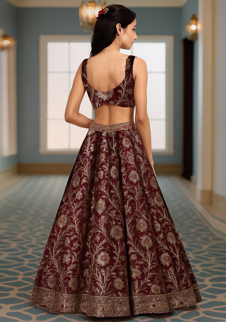 Maroon Jacquard Brocade Lehenga Set - Indya
