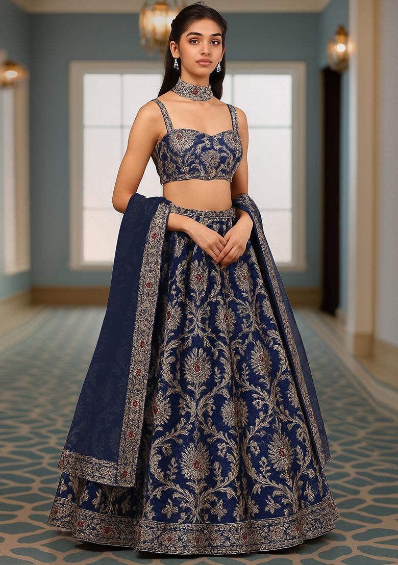 Navy Blue Jacquard Brocade Lehenga Set - Indya