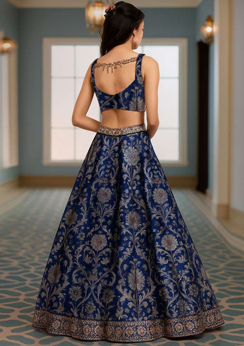 Navy Blue Jacquard Brocade Lehenga Set - Indya