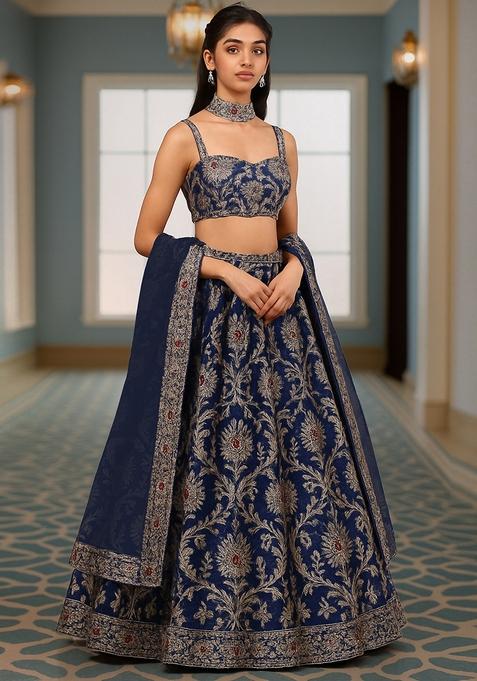 Navy Blue Jacquard Brocade Lehenga Set