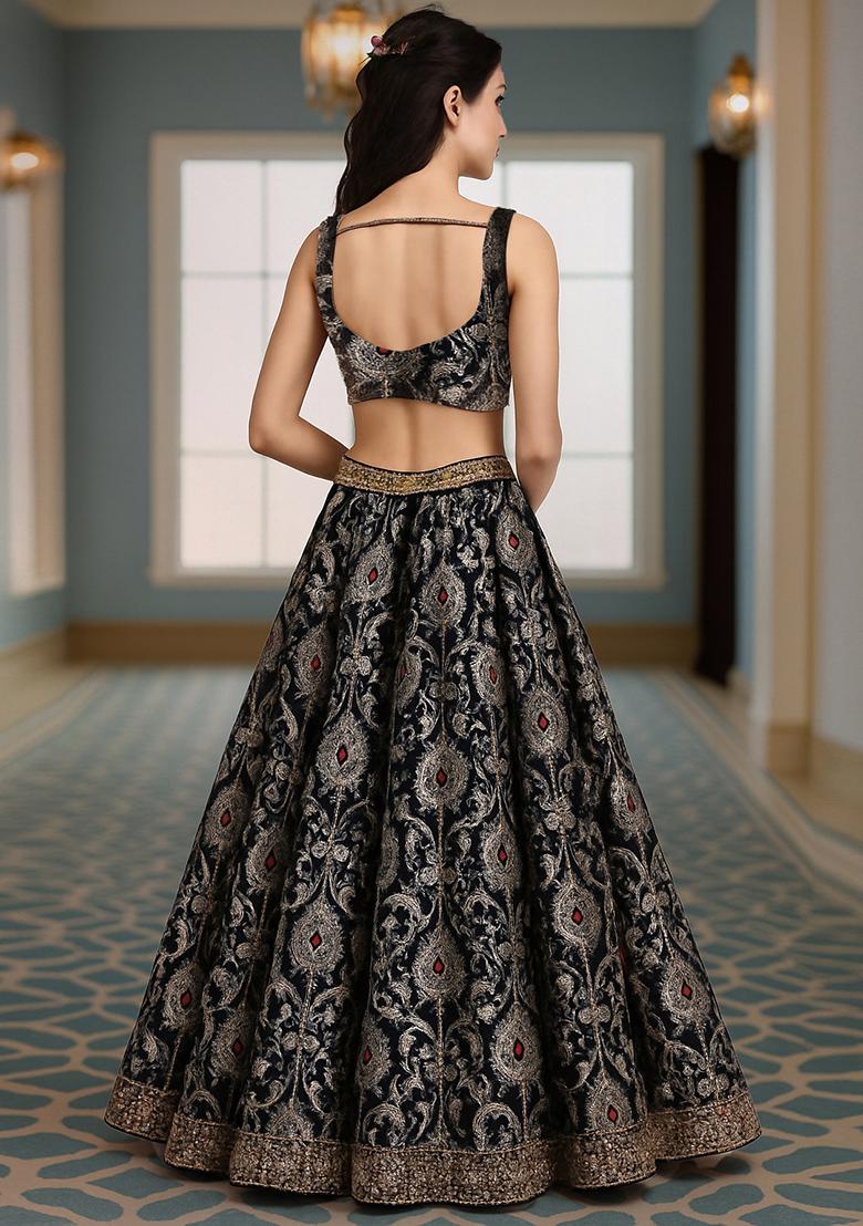 Black Jacquard Brocade Lehenga Set - Indya