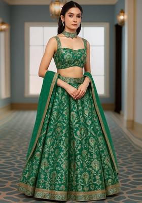 Bottle Green Jacquard Brocade Lehenga Set