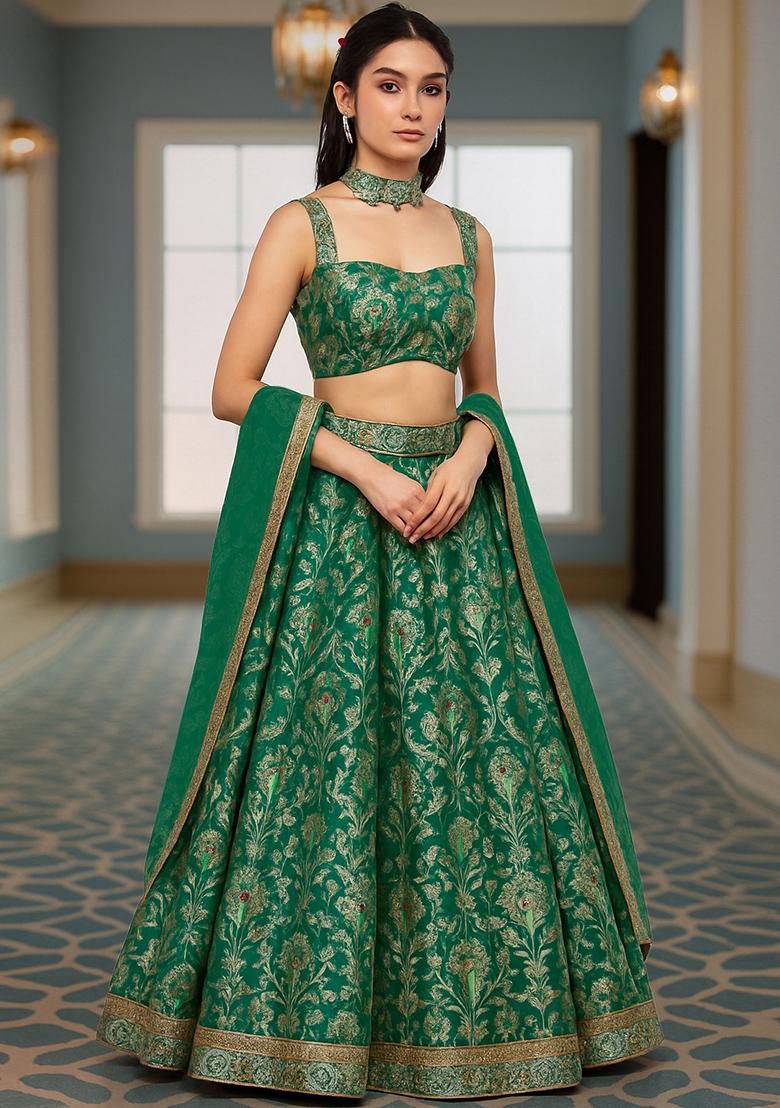 Bottle Green Jacquard Brocade Lehenga Set