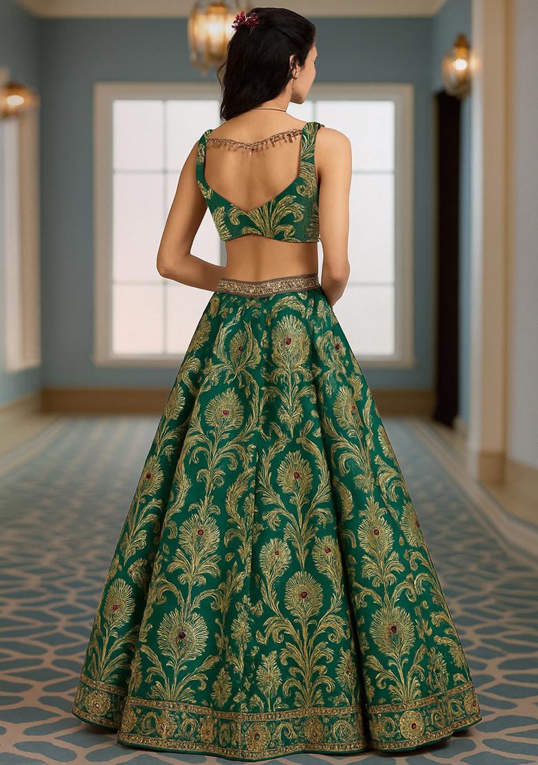 Bottle Green Jacquard Brocade Lehenga Set