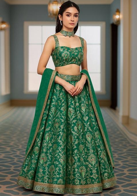 Bottle Green Jacquard Brocade Lehenga Set