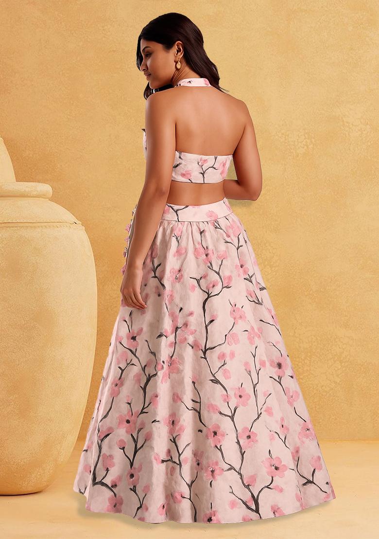 Peach Printed Silk Lehenga Set - Indya