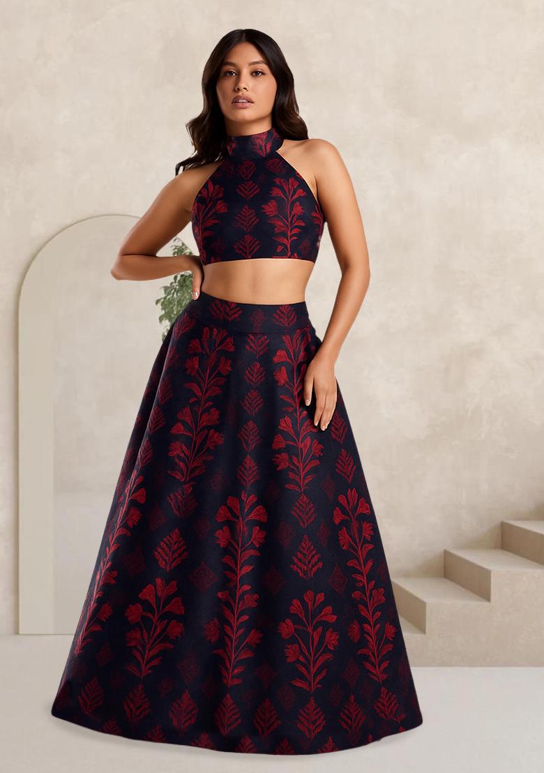 Maroon Printed Silk Lehenga Set
