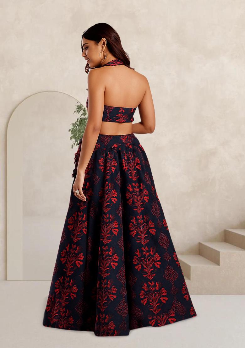 Maroon Printed Silk Lehenga Set - Indya