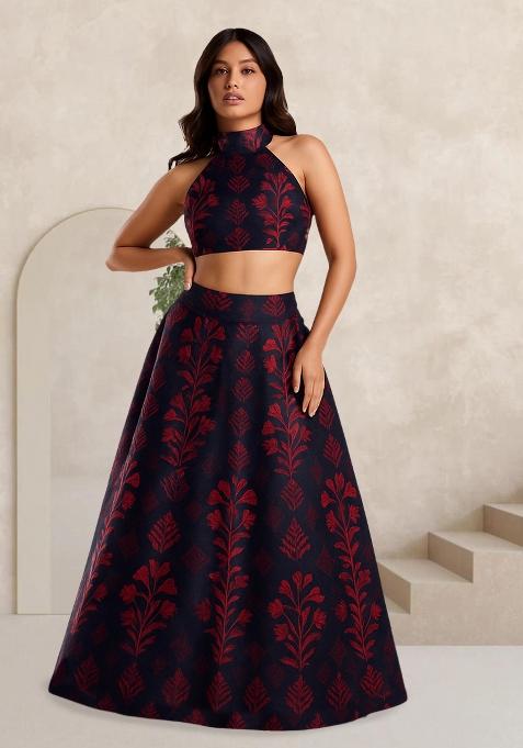 Maroon Printed Silk Lehenga Set