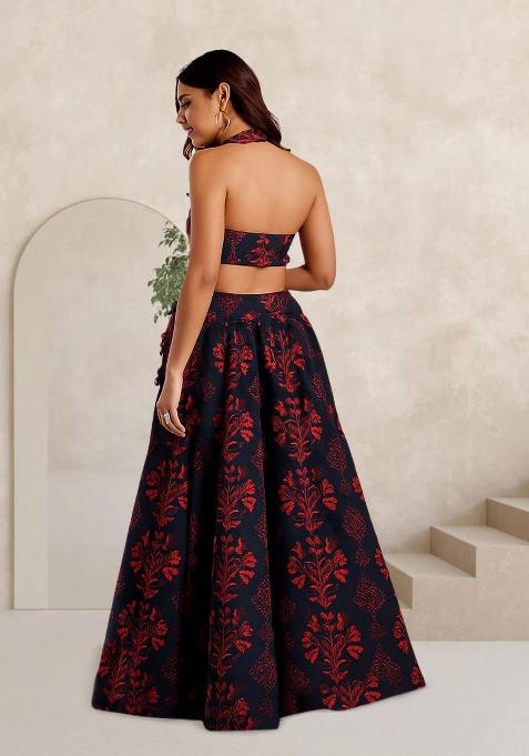 Maroon Printed Silk Lehenga Set