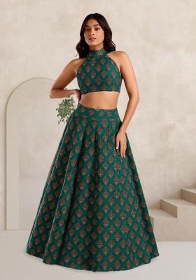 Blue Printed Silk Lehenga Set