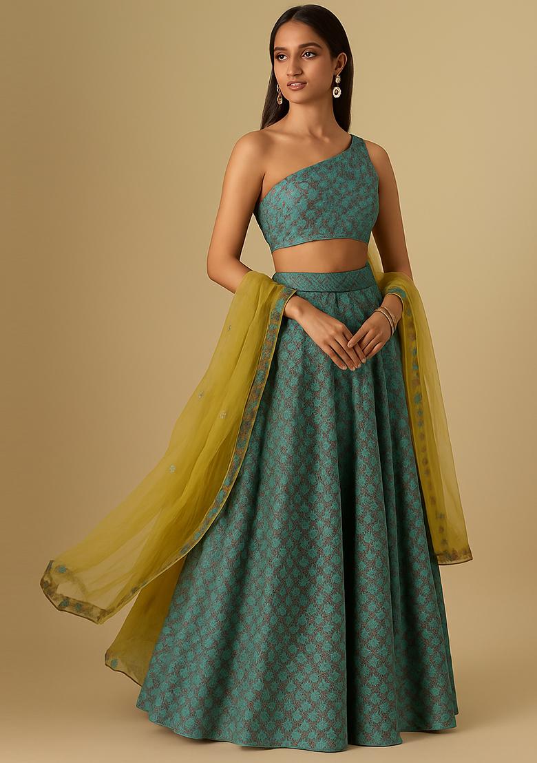 Blue Printed Crepe Lehenga Set