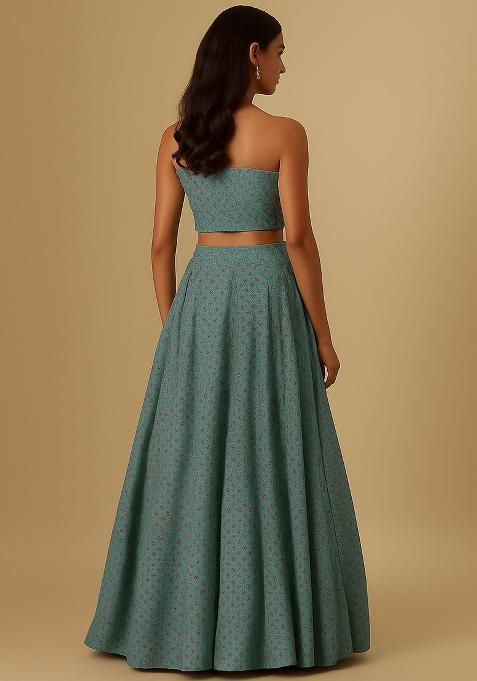 Blue Printed Crepe Lehenga Set